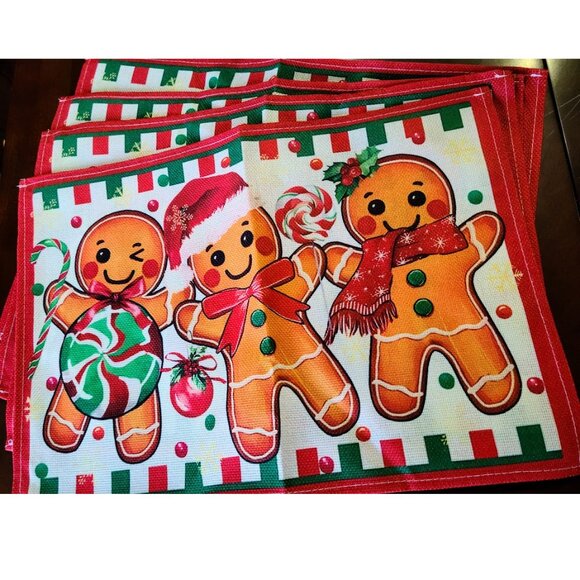 Gingerbread Christmas Placemats Holiday Decor Set 4 Red Xmas Table Decorations - Picture 1 of 8